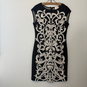 eci New York Baroque Scroll Knit Sheath Dress Black Beige Size 6